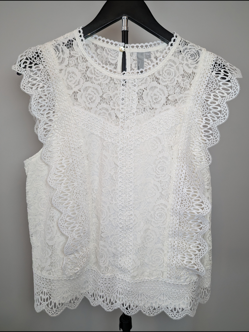 Kut From The Kloth Women's Size L White Lace Overlay Sleeveless Ruffle Top